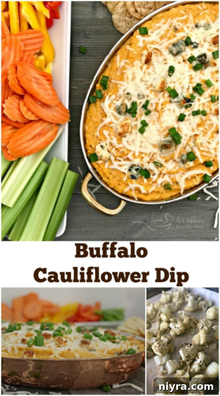 Buffalo Cauliflower Dip served with fresh celery, carrots, and tortilla chips
