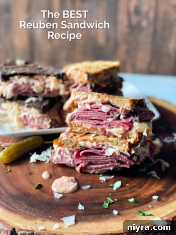 Authentic Reuben Sandwich 17 A close-up of a grilled Reuben sandwich ready to be eaten