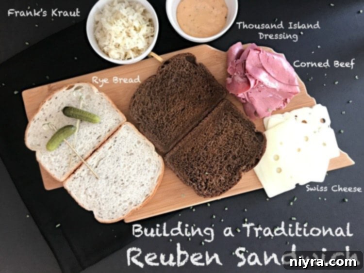 Authentic Reuben Sandwich 9 Reuben sandwich components arranged on a cutting board