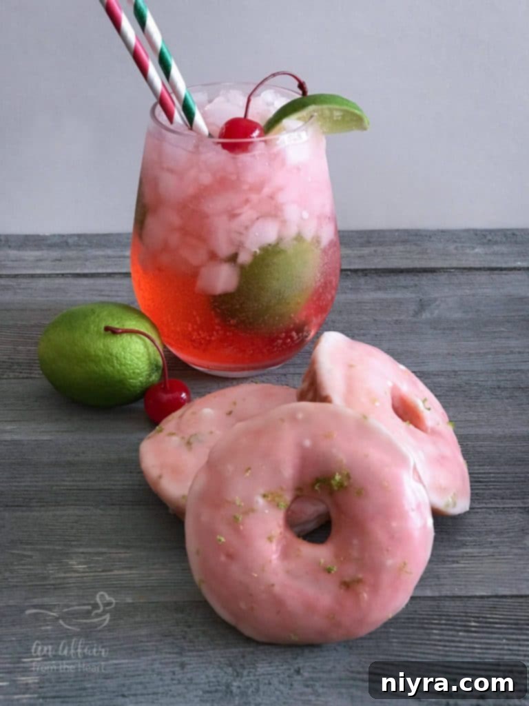 Sweet-Tart Cherry Lime Baked Donuts 4 Cherry Limeade Baked Donuts served with a refreshing glass of homemade cherry limeade.