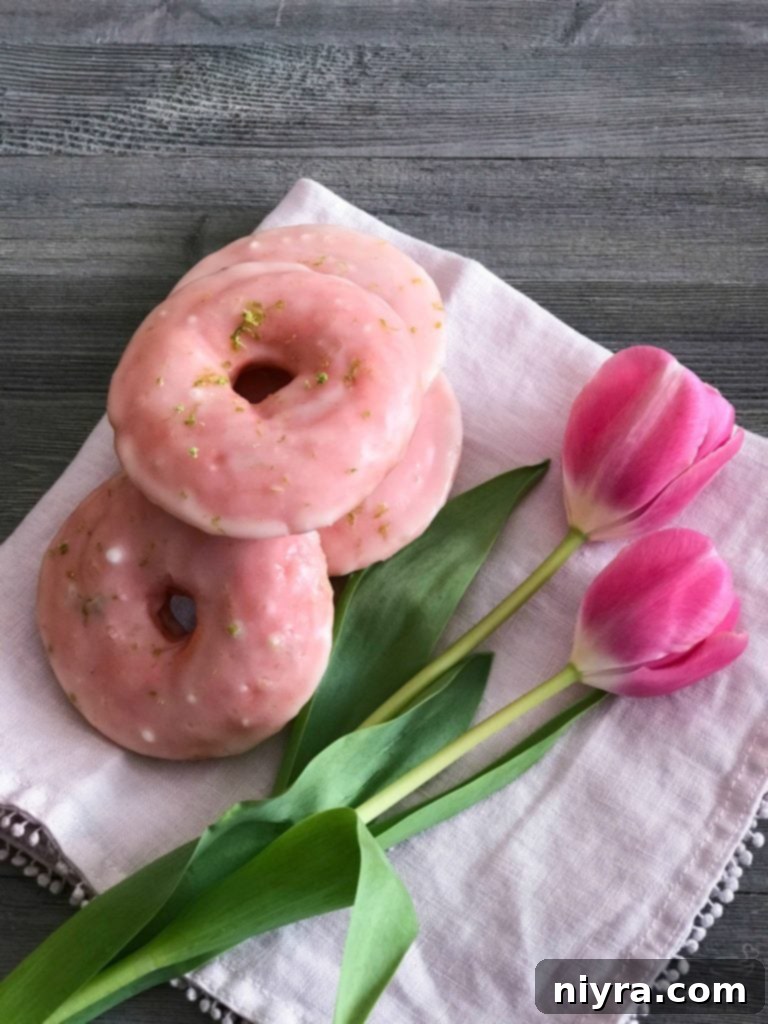 Sweet-Tart Cherry Lime Baked Donuts 10 Cherry Limeade Baked Donuts arranged beautifully with fresh tulips.
