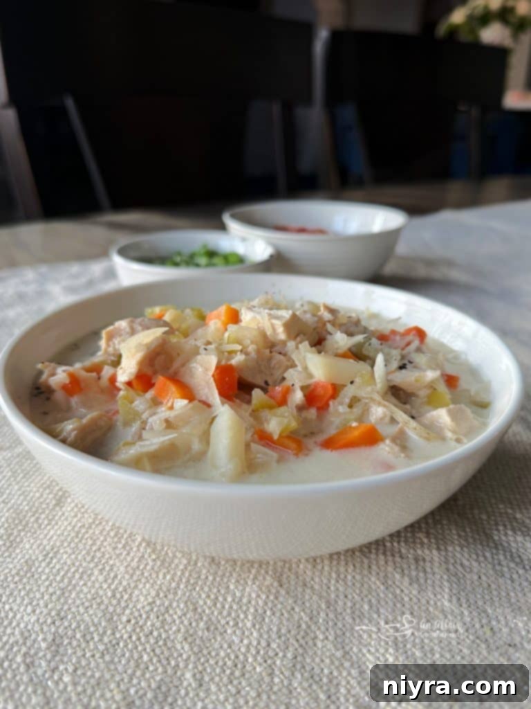 Slow Cooker Chicken and Sauerkraut Comfort Soup 3 Creamy Chicken and Sauerkraut Soup in a Bowl