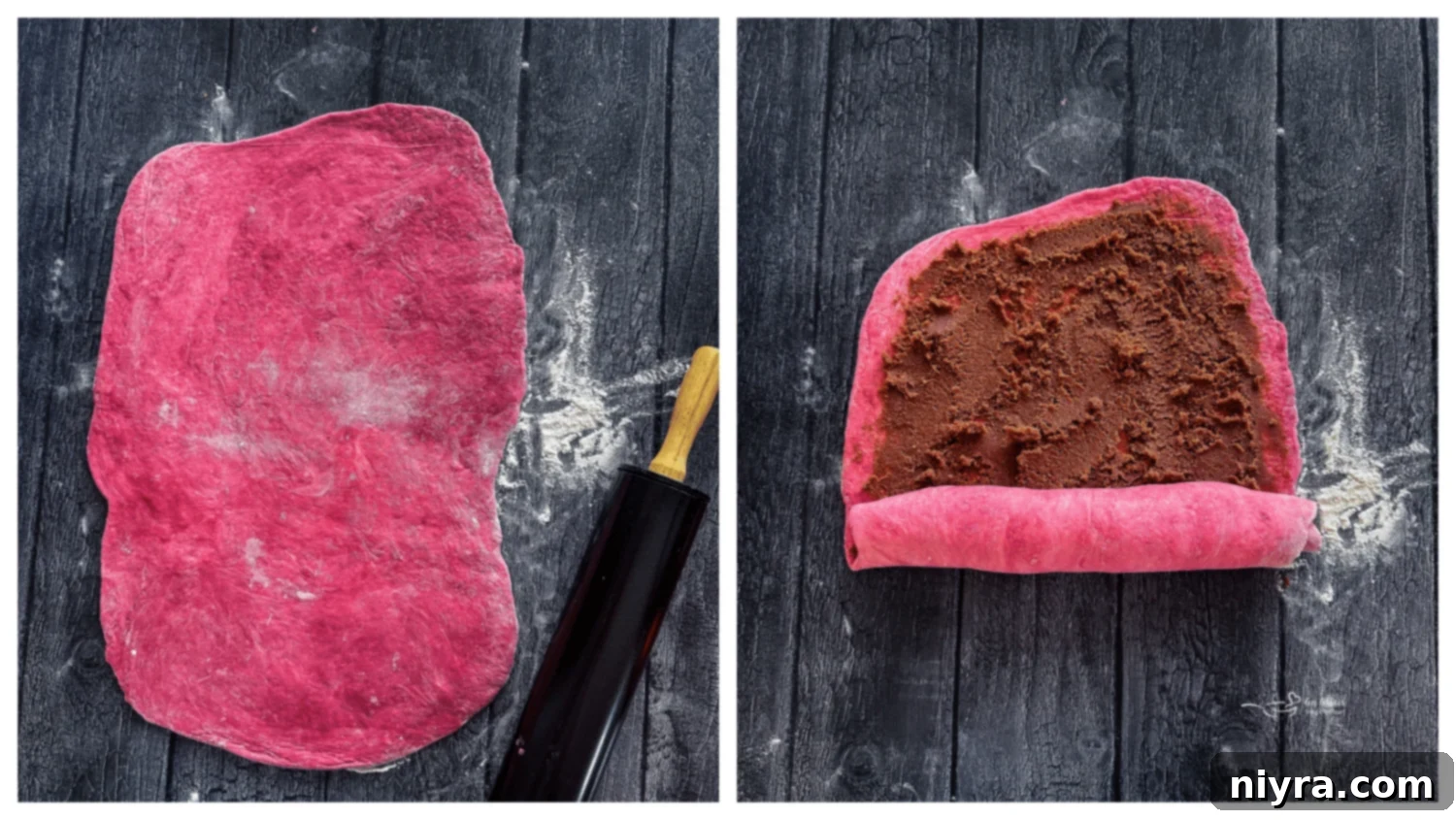 Rolling out the dough and spreading the cinnamon filling