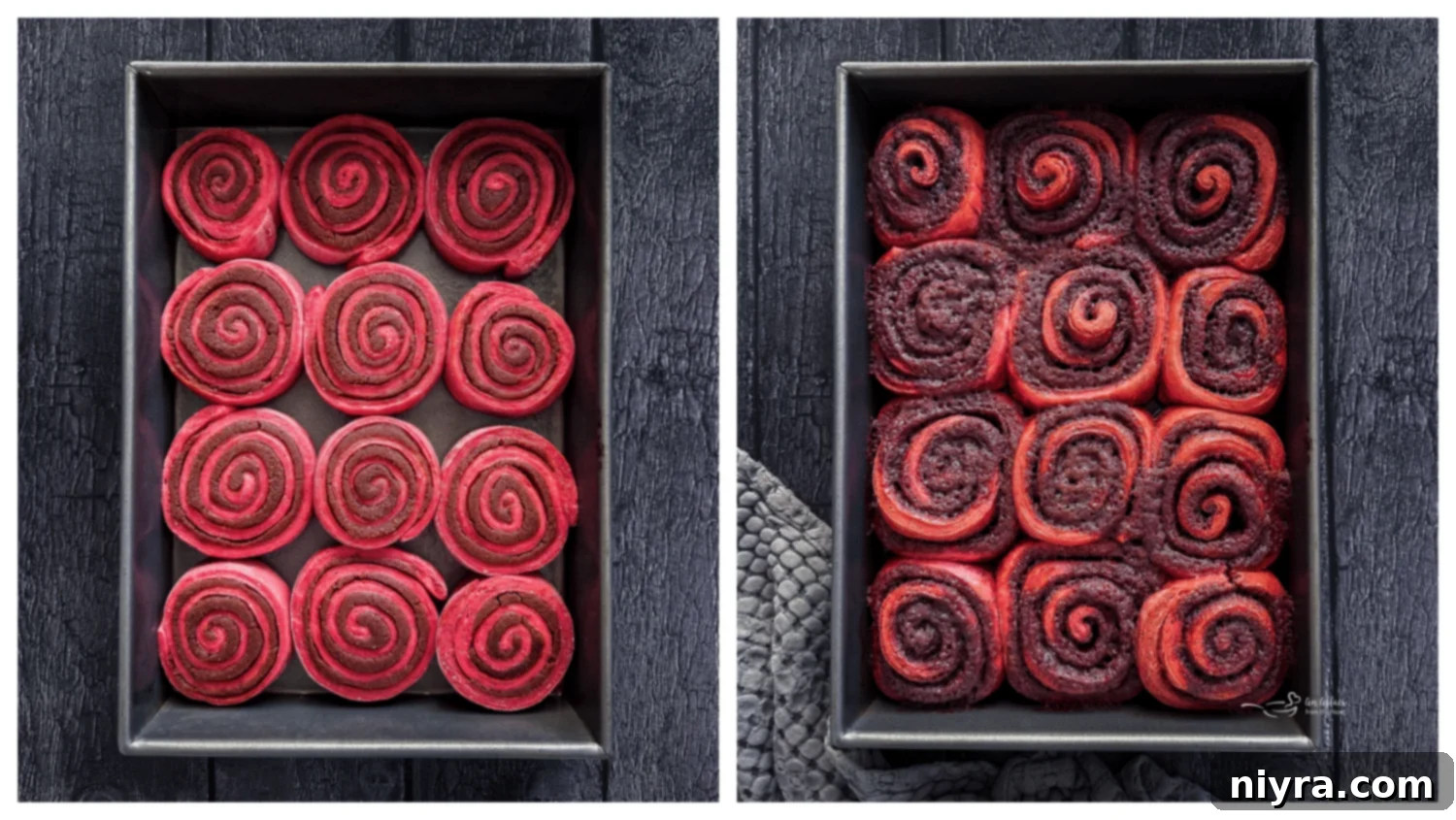 Arranging Red Velvet Cinnamon Rolls in a baking pan for the second rise