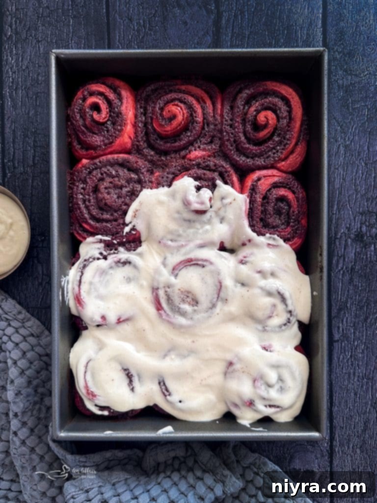 Baked Red Velvet Cinnamon Rolls, ready for frosting