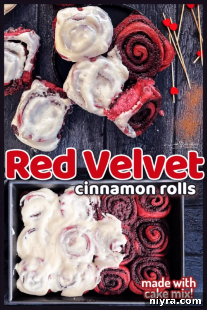 Frosted Red Velvet Cinnamon Rolls on a plate, ready to be served
