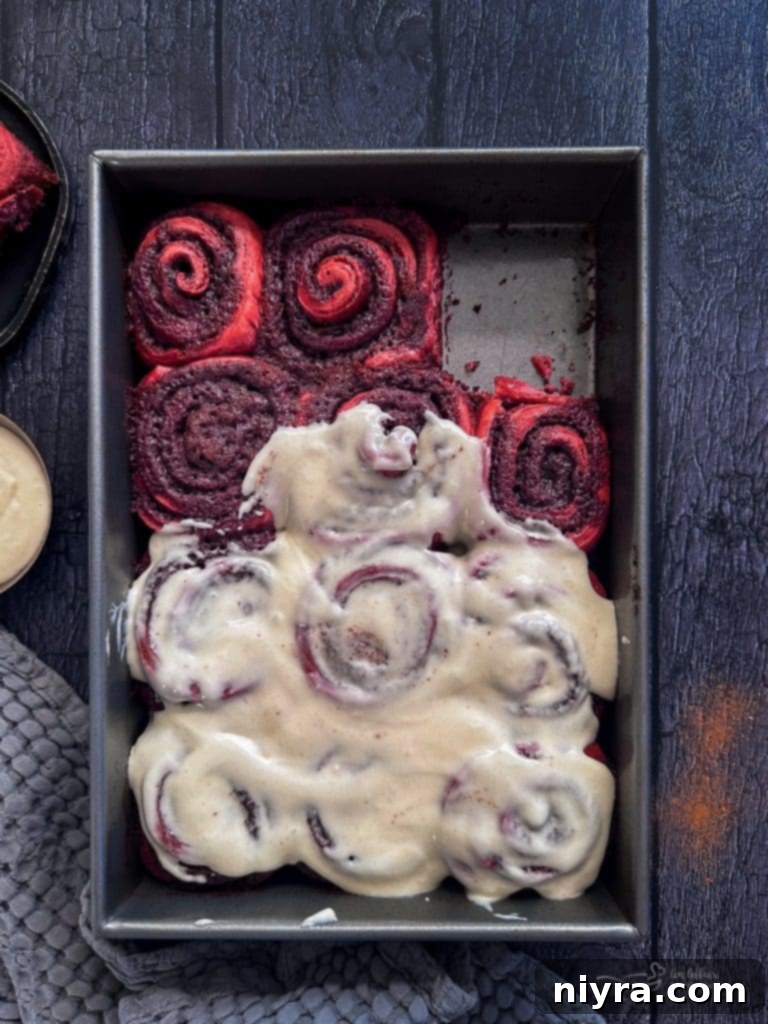 Another close-up shot of Red Velvet Cinnamon Rolls